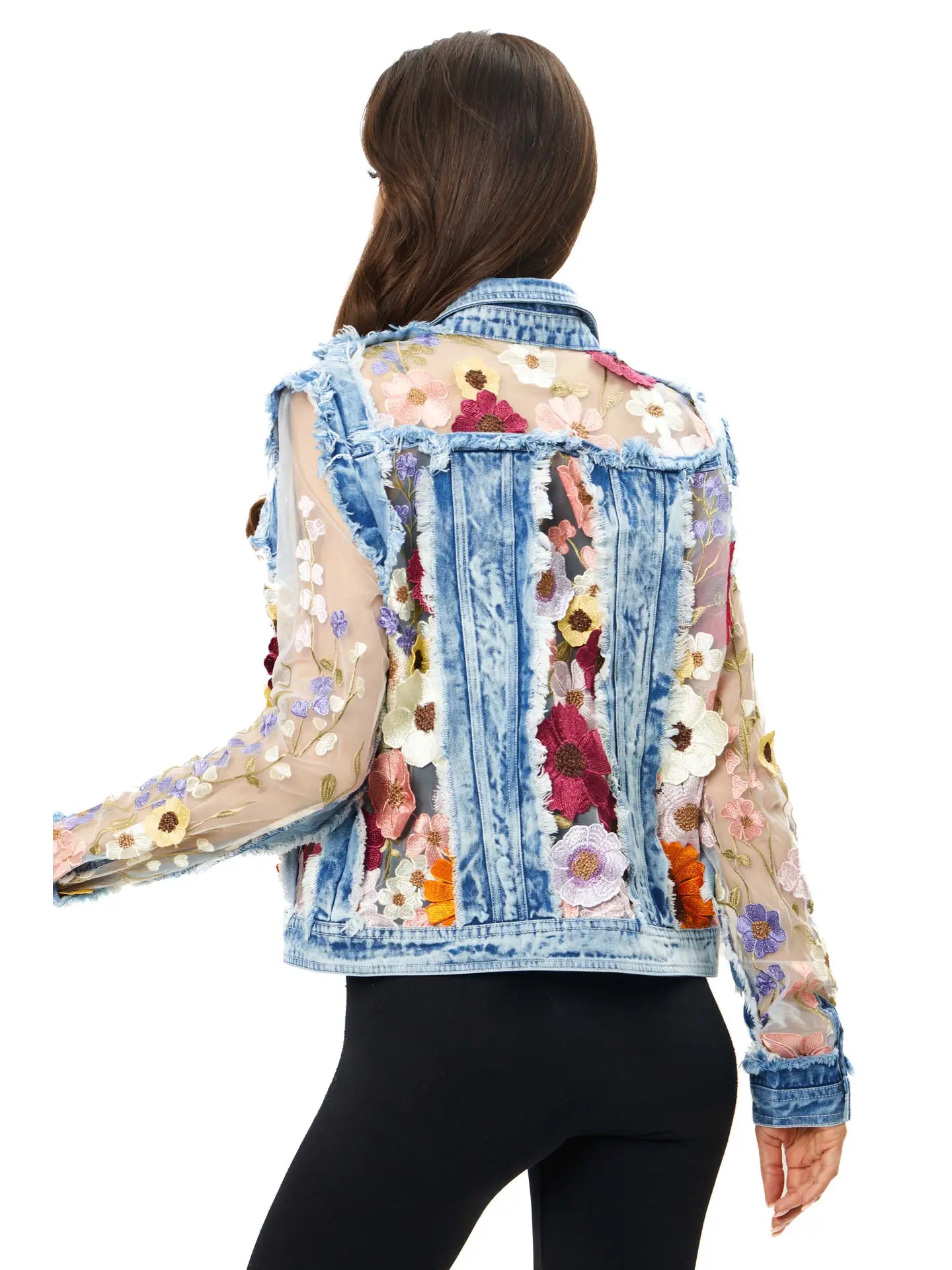 Denim lace jacket by ADORE featuring floral embroidery details in a stylish design.
