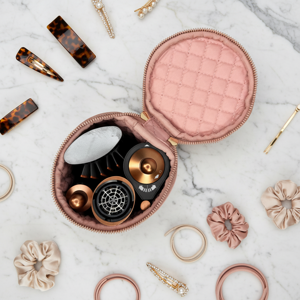 PurseN Hot Tools Holder in blush velvet, a stylish cosmetic bag with compartments for storing beauty tools and accessories.