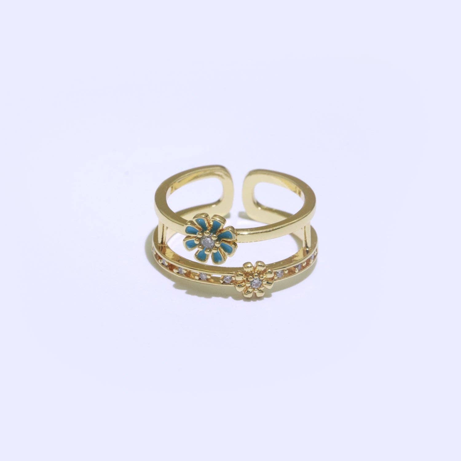 Gold filled enamel daisy open ring by Private Label with a delicate floral design and adjustable band.