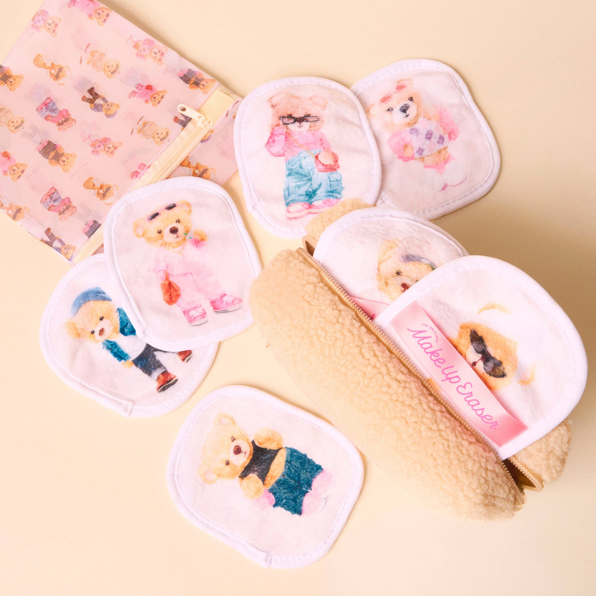 Skincare teddy bear 7-day gift set by The Original MakeUp Eraser with soft, plush bear-shaped containers for daily skincare routines.