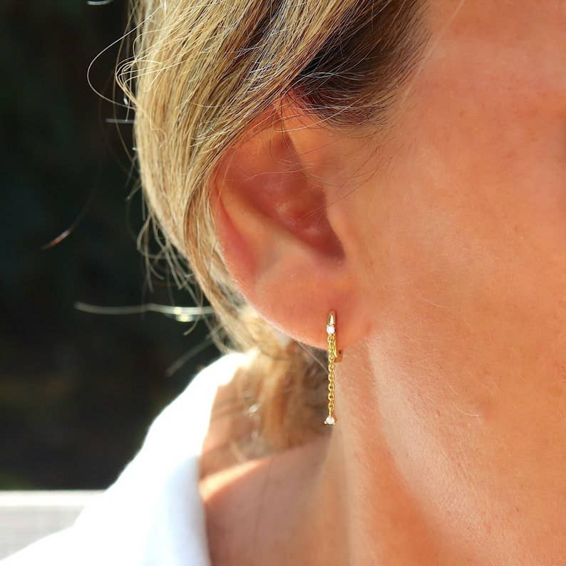 HoopLa huggie drop hoop earrings with chain, silver-tone jewelry featuring small hoop and chain design for stylish wear