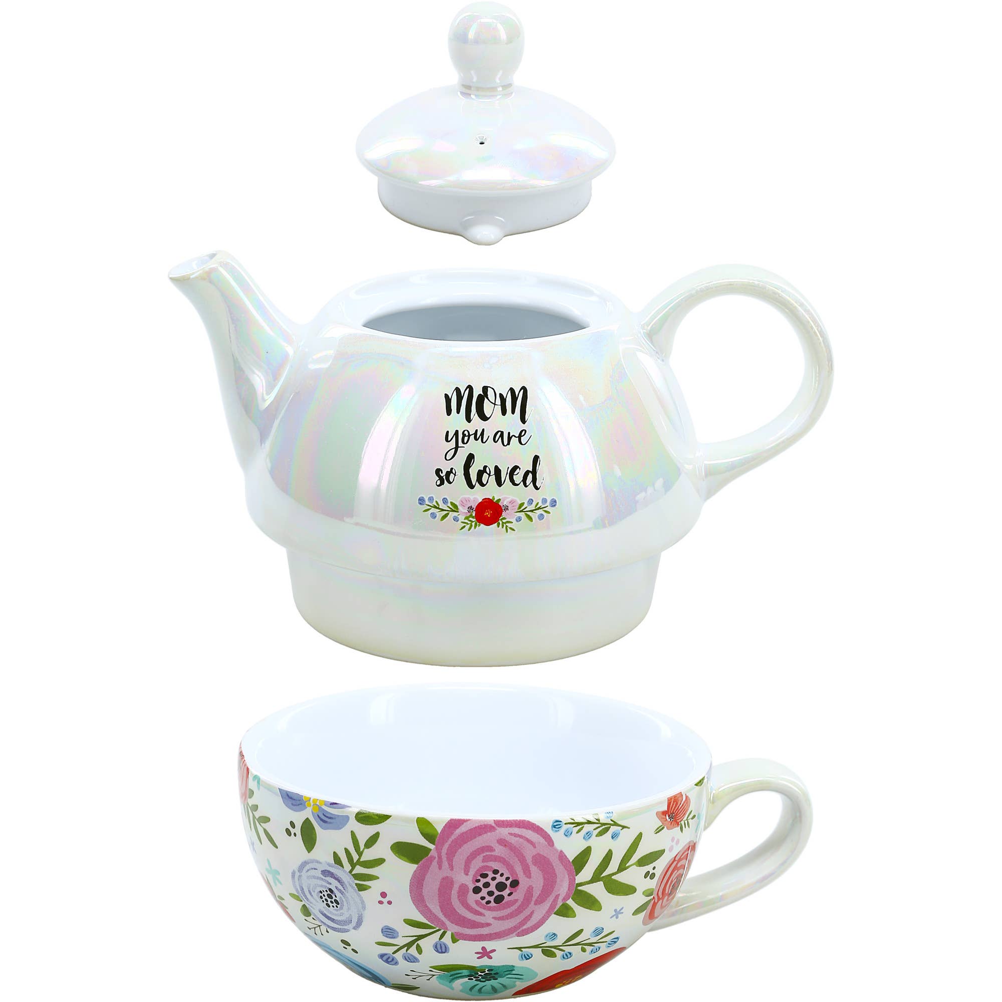 Pavilion Mom Tea for One set featuring a 14.5 oz teapot and a 10 oz cup with floral design.