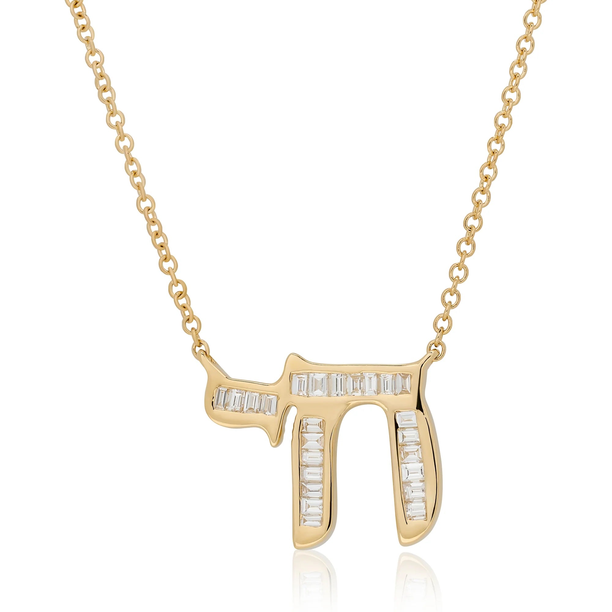 Private label Cz Cut Chai Necklace in gold with sparkling cubic zirconia accents, featuring a delicate chain and intricate pendant design.