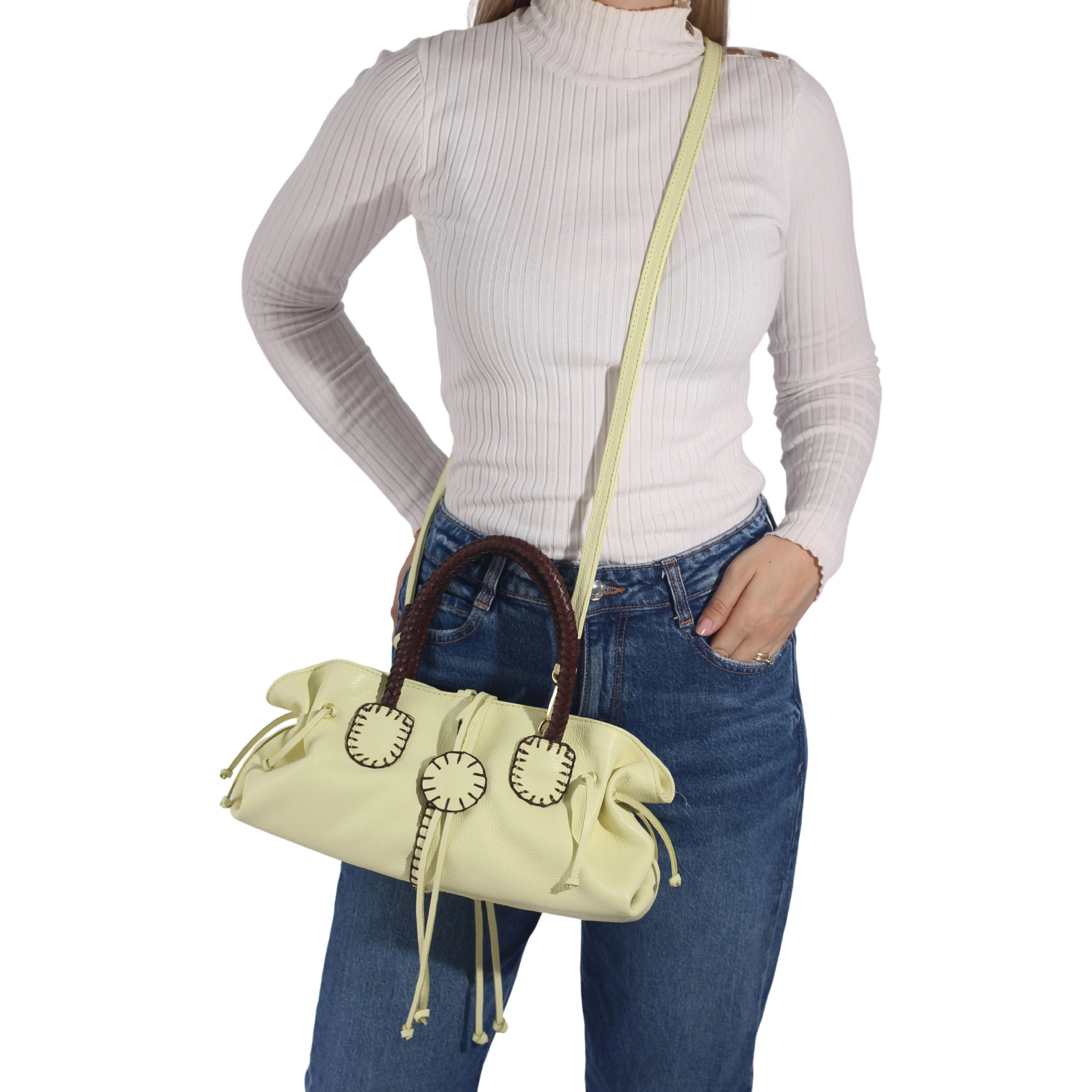 Carlos Falchi mini satchel bag with textured leather and gold-tone hardware, featuring a compact design and adjustable strap.