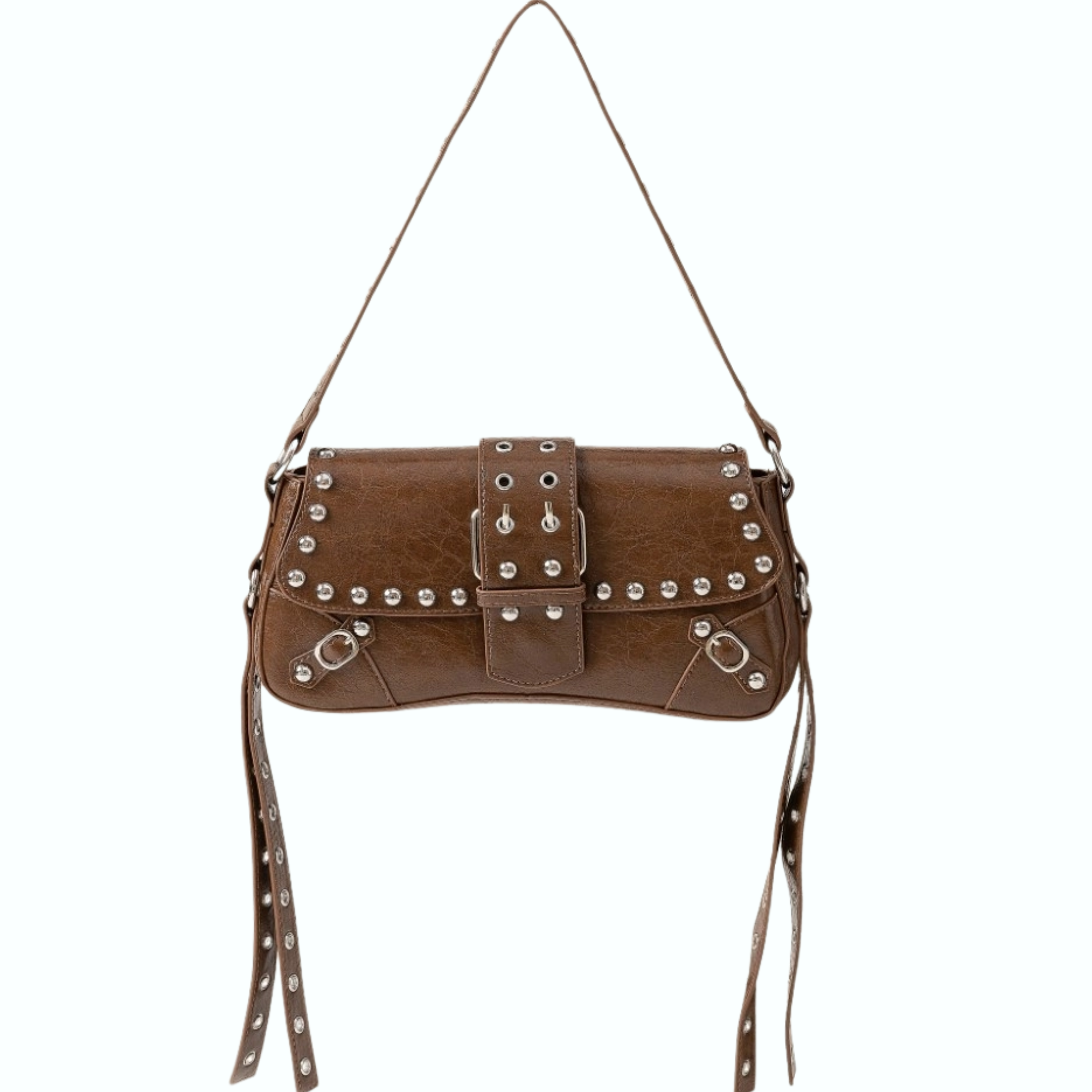 Glossy Faux Leather Rivet Trim Shoulder Bag