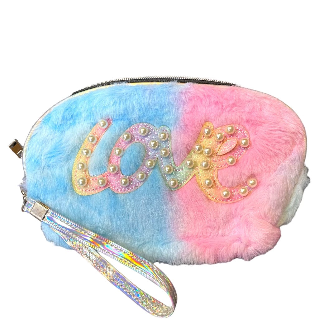 Love Rainbow Pastel Faux Fur Makeup Pouch