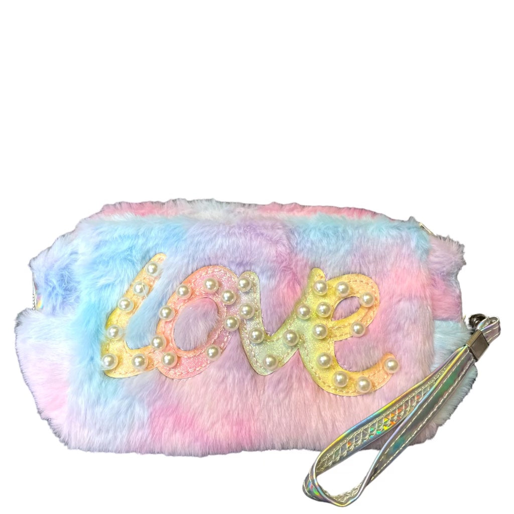 Love Rainbow Pastel Faux Fur Makeup Pouch