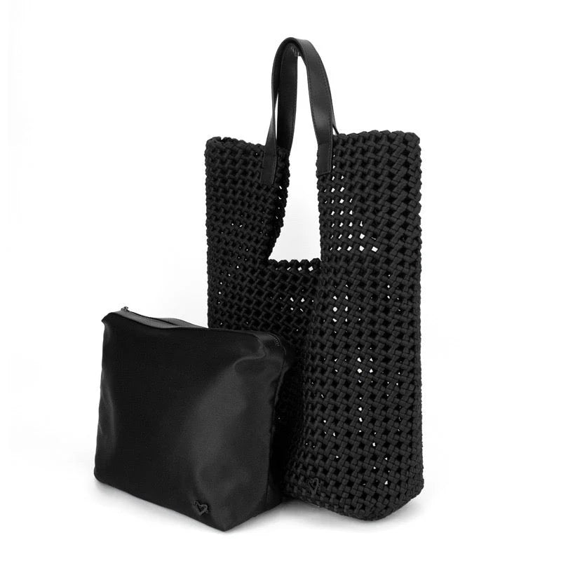 Black Eston woven tote handbag by Prenelove with sturdy handles and woven texture, ideal for casual or everyday use.