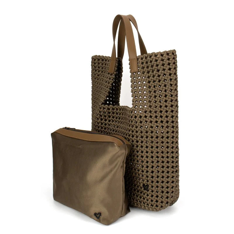 Dark khaki Prenelove Eston Woven Tote handbag with sturdy handles and woven texture, ideal for everyday carrying.