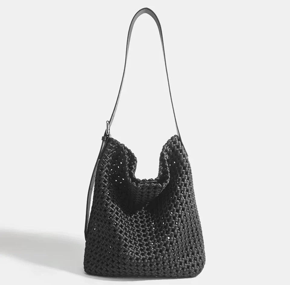 Black Osler woven hand-knotted hobo handbag by Prenelove with textured woven design and soft leather strap.