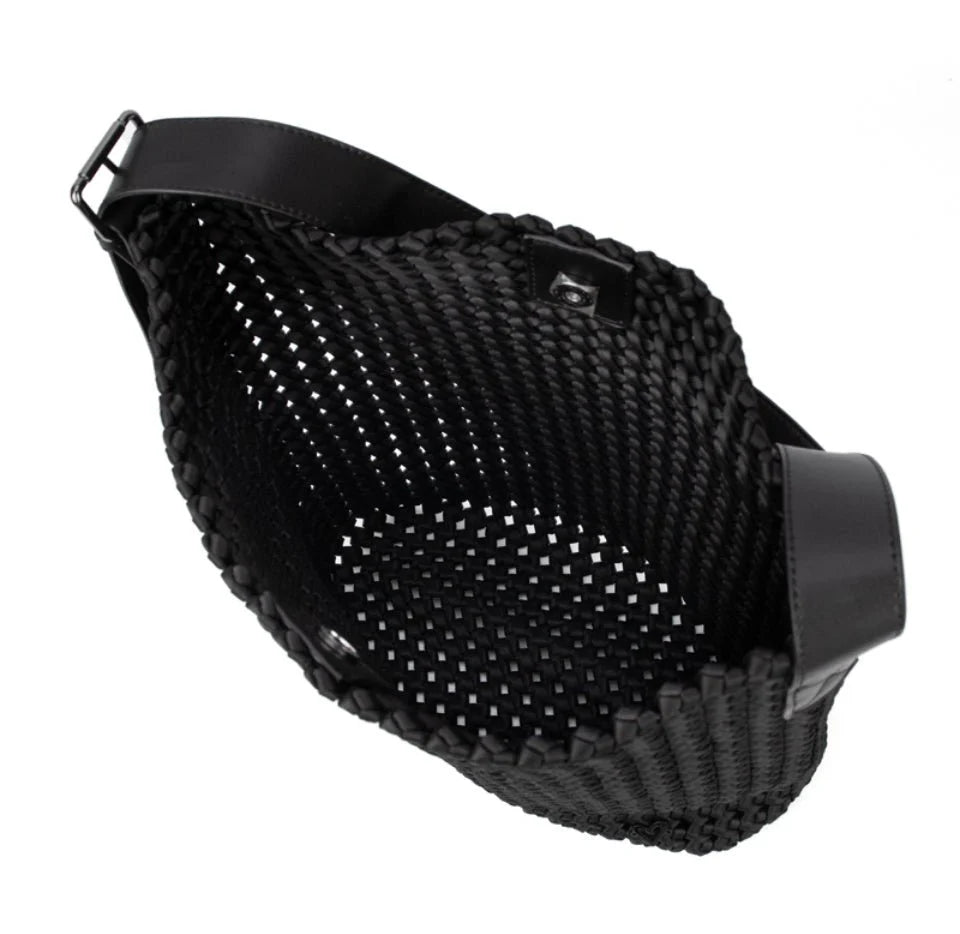 Black Osler woven hand-knotted hobo handbag by Prenelove with textured weave and soft shoulder strap.