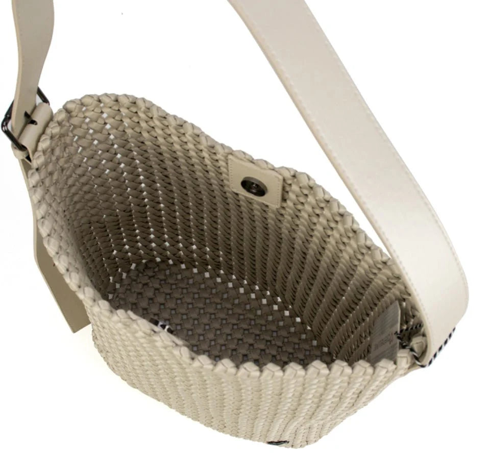 Prenelove Osler woven hand-knotted hobo handbag in bone color with intricate woven design and curved shape.