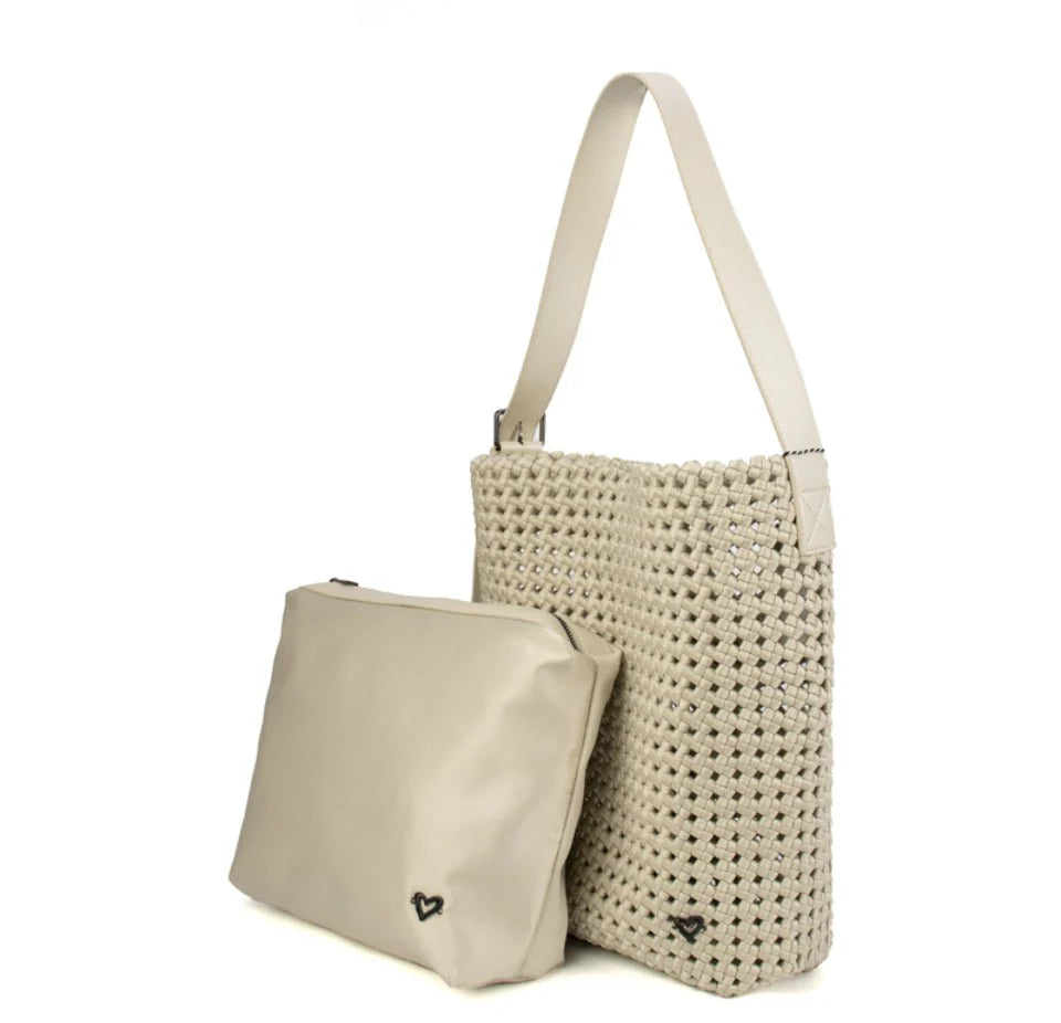 Prenelove Osler woven hand-knotted hobo handbag in bone color, featuring detailed woven texture and a stylish, casual design.