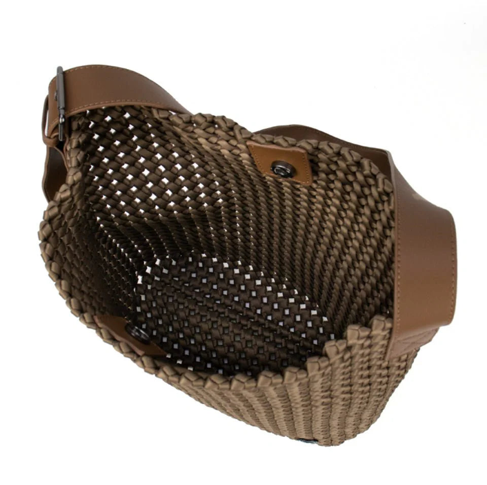 Dark khaki Osler woven hand-knotted hobo handbag by Prenelove with a textured woven design and curved shoulder strap.