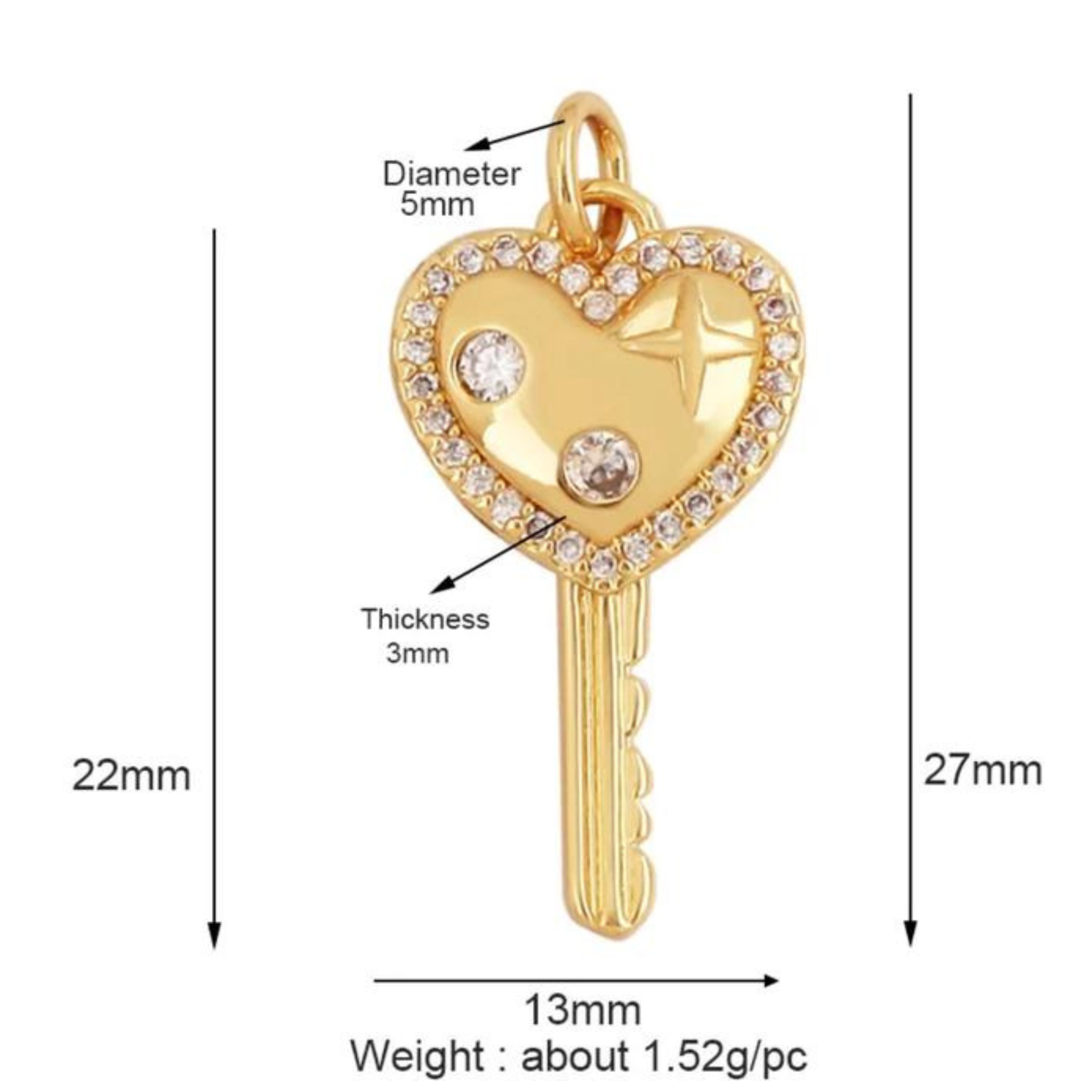 Pave Heart Key Charm For Charm Bar & Charm Necklace