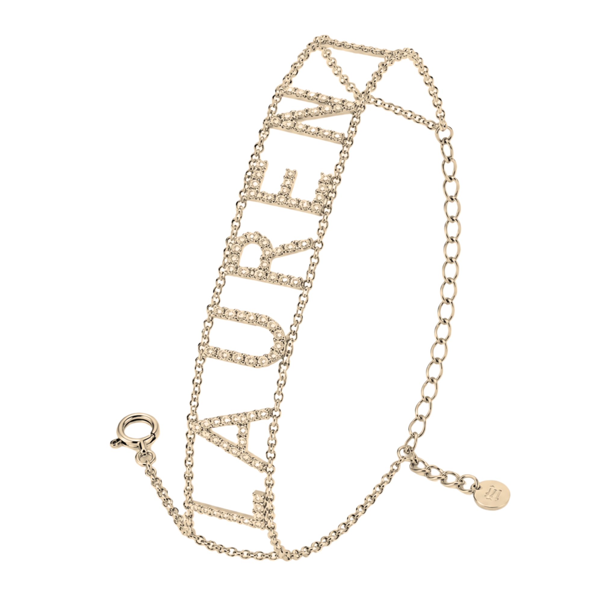 A gold-tone chain bracelet featuring the name 'LAUREN' spelled out in raised letters set with small clear stones, shown on a plain white background.