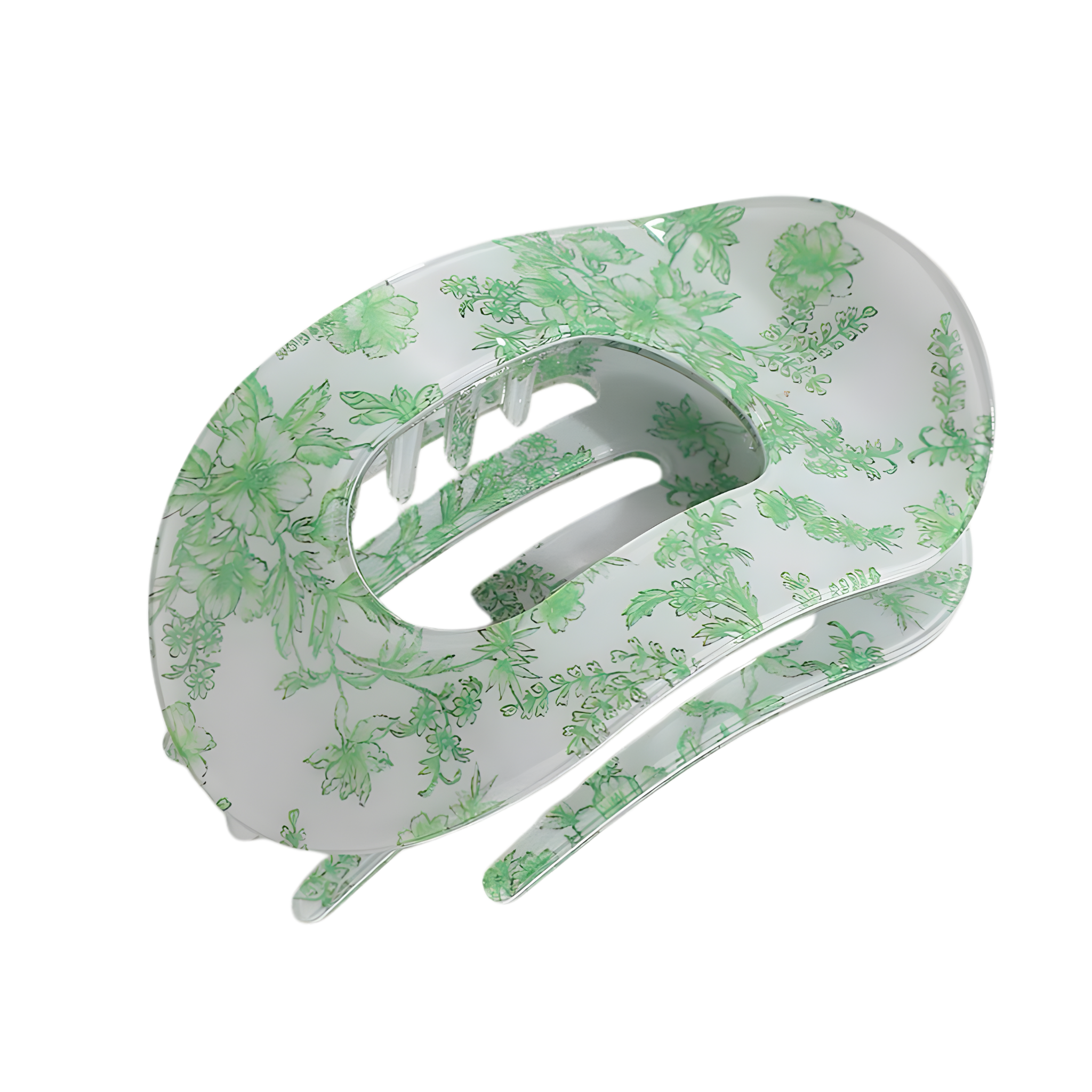 Private label floral jumbo oval hair clip featuring a colorful floral design and large lay-flat style for secure hair styling.