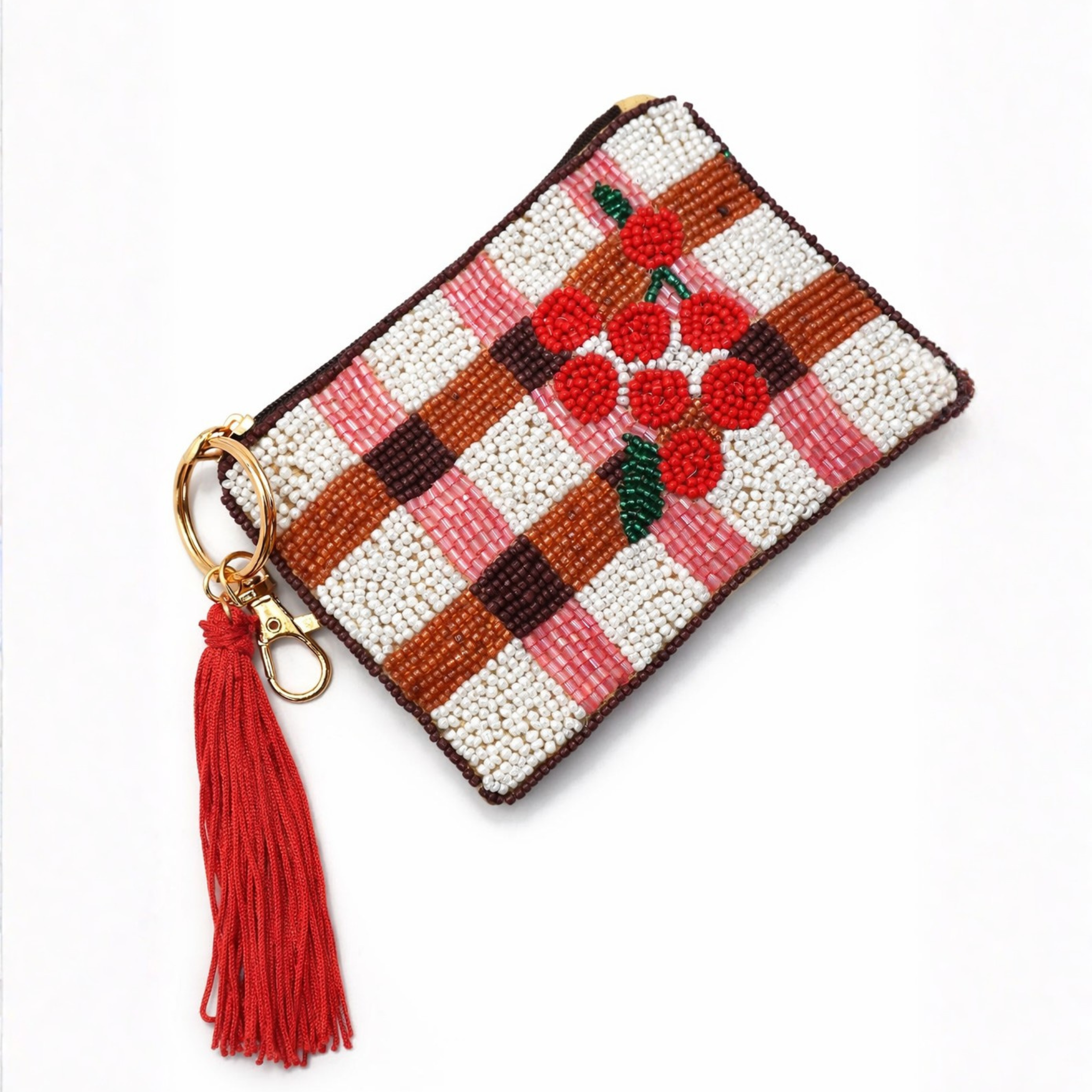 Checkered cherry seed bead coin purse with a compact design, featuring a Private label brand logo and vibrant pattern.