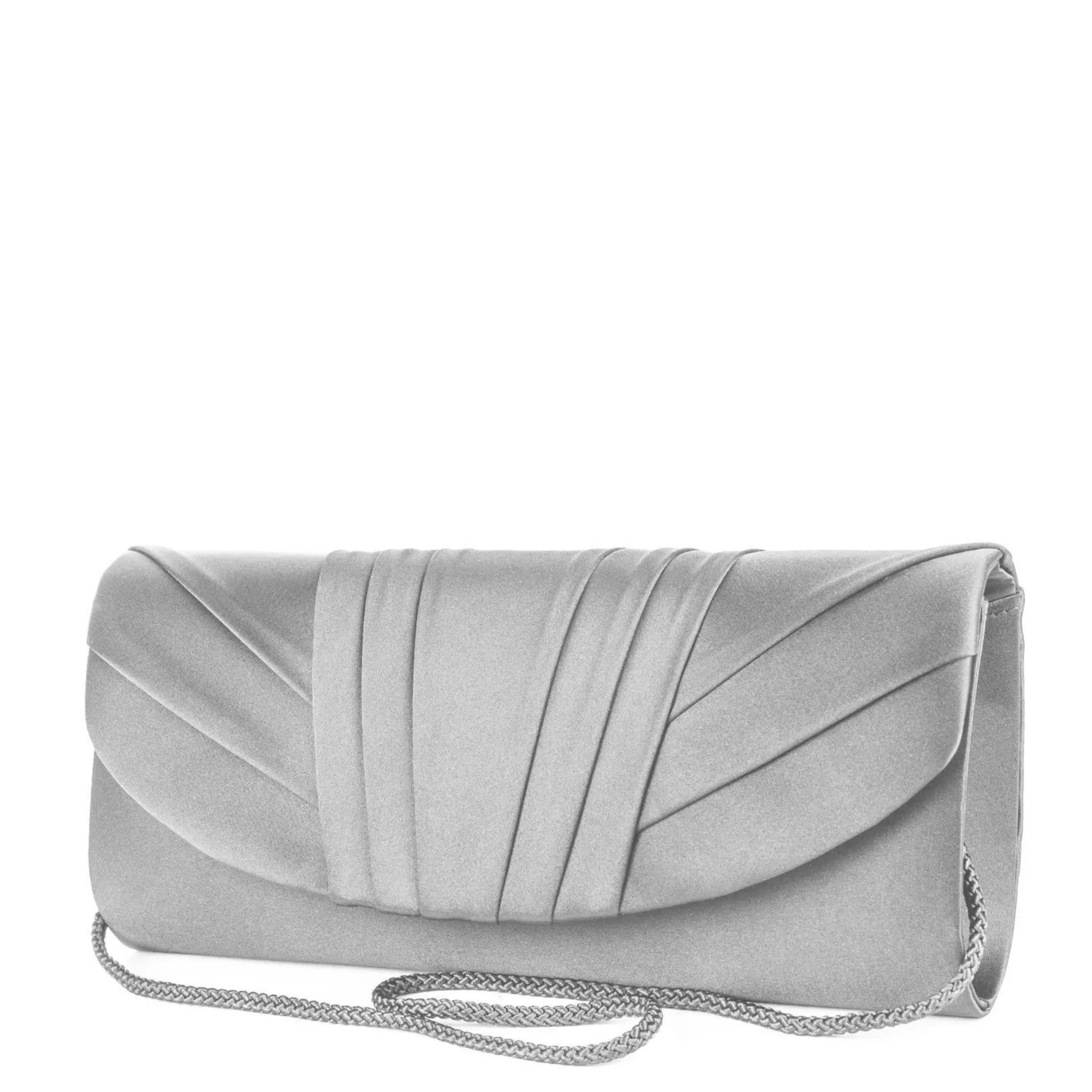 Jessica McClintock Angel Satin Tuxedo Flap Evening Clutch in elegant satin with a sleek flap design.